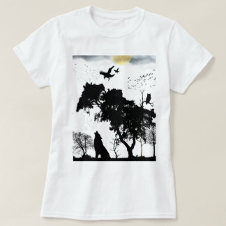 mystisk skog vilda djur silhuett retro solnedgång t shirt
