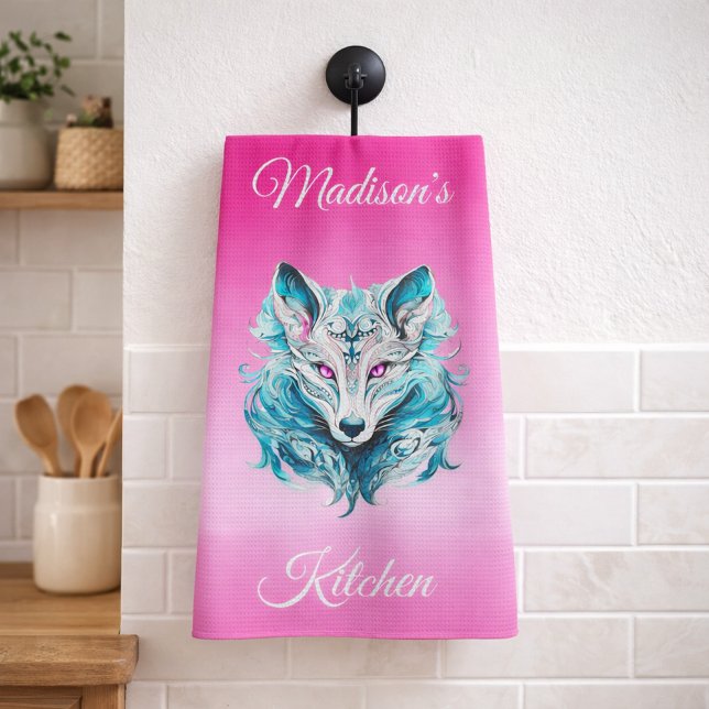 Mystisk skogsvarg turkos rosa  kökshandduk (Skapare uppladdad)