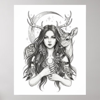 Mystisk slavisk skogsgudinna Måne & hjort Vinyl S Poster