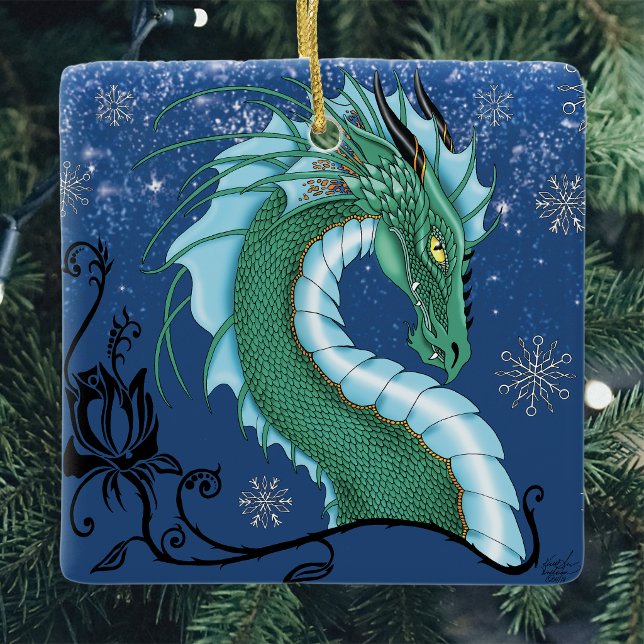 Mystisk Smaragd Isdrake Snöflingor Fantasy Julgransprydnad Keramik (Skapare uppladdad)