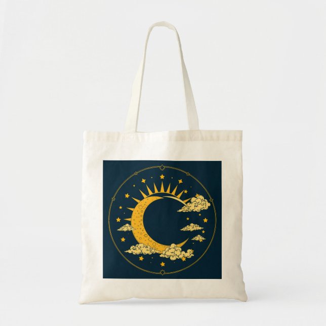 Mystisk sol- och mån-tarotdesign i guld tygkasse (Framsidan)