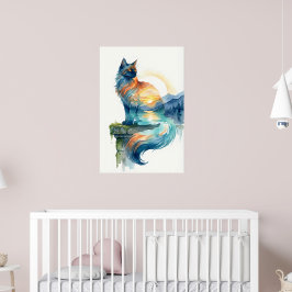 Mystisk solnedgångskatt Dubbelexponering Vattenfär Poster