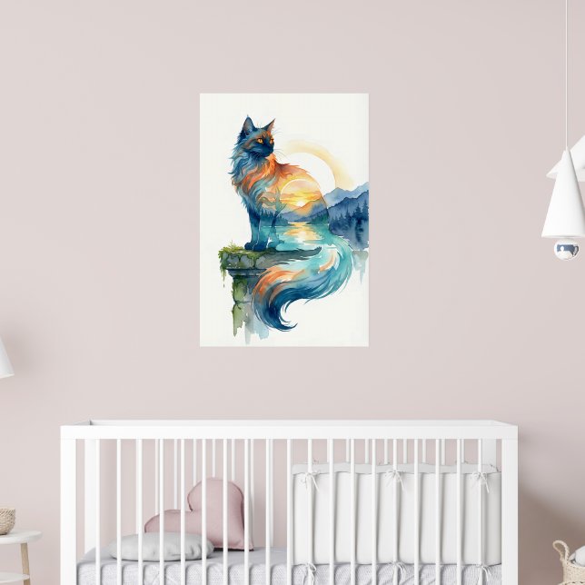 Mystisk solnedgångskatt Dubbelexponering Vattenfär Poster (Barnkammare 2)