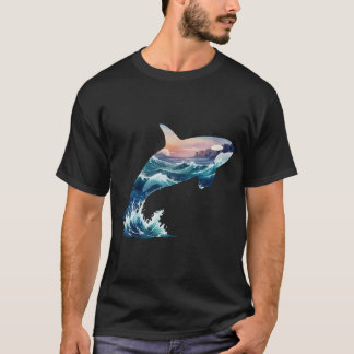 Mystisk Späckhuggare Ocean Våg Dubbel Exponering T Shirt