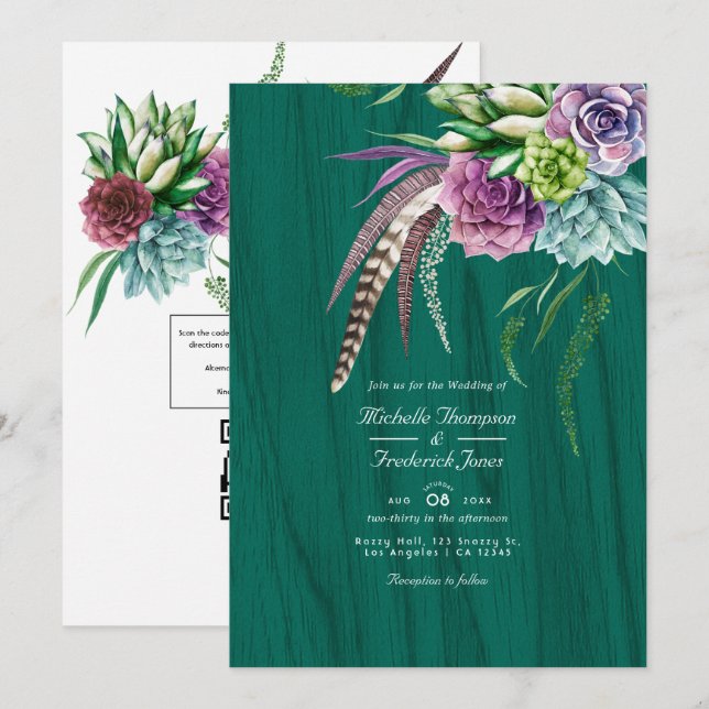 Mystisk Sukkulent Bohemisk QR-kod RSVP Bröllop Inbjudningar (Fram/baksida)