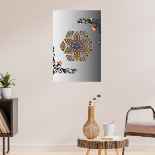 Mystisk Svart Guld Blommig Mandala Poster