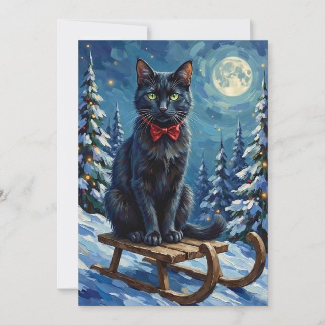 Mystisk svart katt förtrollad vintersläde jul julkort (Framsida)