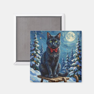 Mystisk svart katt förtrollad vintersläde jul magnet