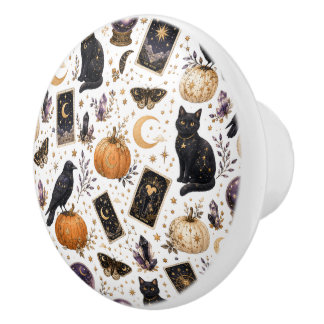 Mystisk svart katt Halloween Celestial Tarot Knopp