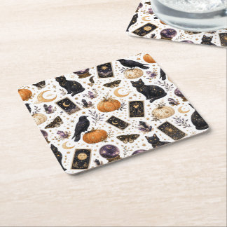 Mystisk svart katt Halloween Celestial Tarot Underlägg Papper Kvadrat