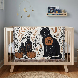 Mystisk svart katt halvmåne botanisk monogram filt