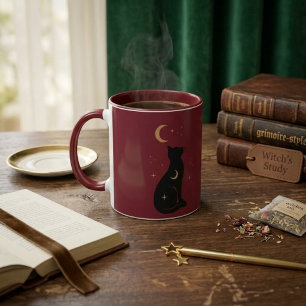 Mystisk svart katt & himmelsk måne Burgundy Mugg