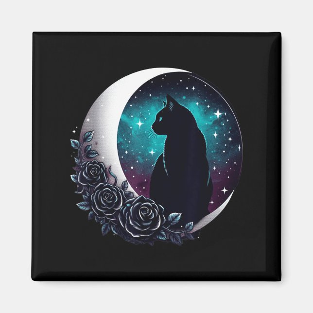 Mystisk svart katt med måne och rosor Celestial Magnet (Framsidan)