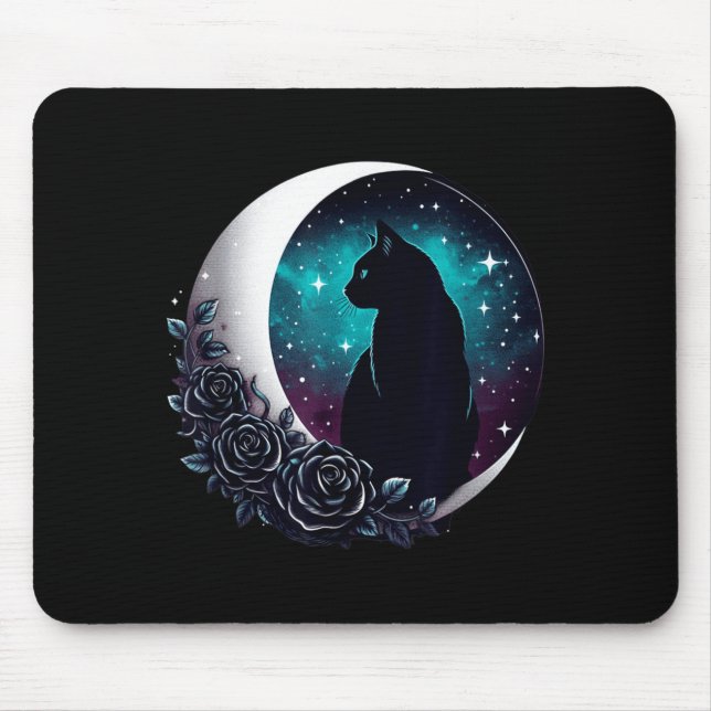 Mystisk svart katt med måne och rosor Celestial Musmatta (Framsidan)