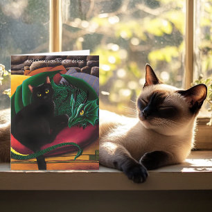 Mystisk svart katt Smaragdgrön drake fantasi Kort