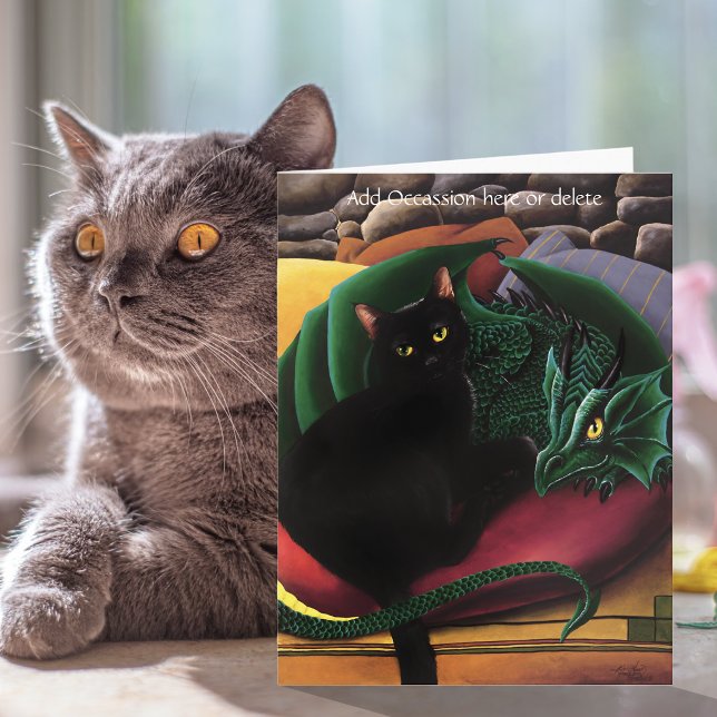 Mystisk svart katt Smaragdgrön drake Fantasy Kort (Skapare uppladdad)