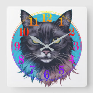 Mystisk svart katt väggklocka, Färgrik kattkonst, Fyrkantig Klocka