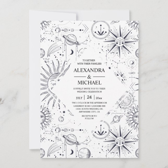 Mystisk svart och vit himmelska stjärnor bröllop   inbjudningar (Framsida)