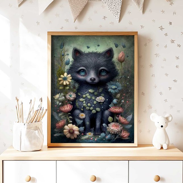 Mystisk svart räv - Barnkammare Väggkonsttryck | R Poster (Mystical Black Fox Nursery Wall Art Print by TinkPrints.)