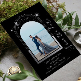 Mystisk svart silver sol måne stjärnor bröllop spara datumet