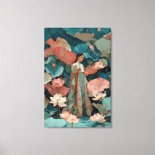 Mystisk teal hanbok och jätte lotusduk konst canvastryck