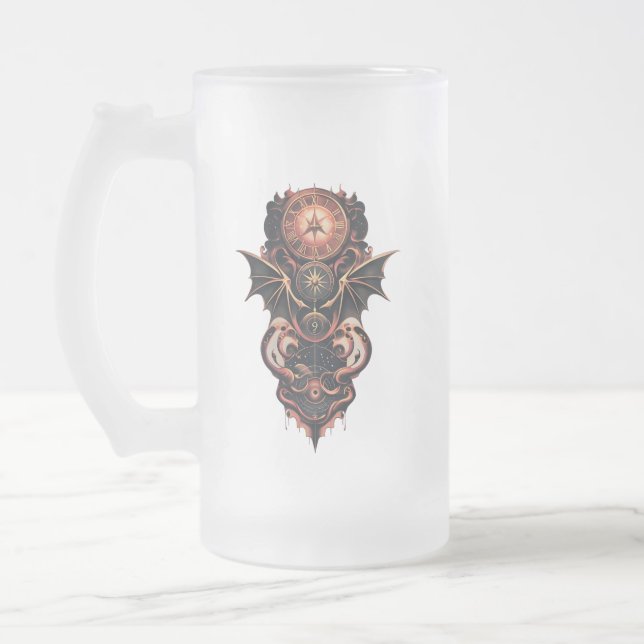 Mystisk tid med vingar, steampunk klocka. frostat ölglas (Vänster)
