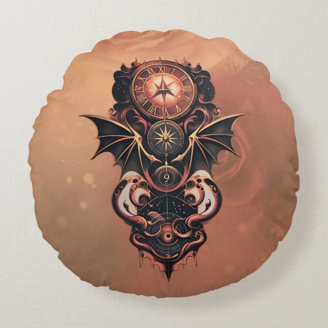 Mystisk tid med vingar, steampunk klocka. rund kudde (Framsidan)