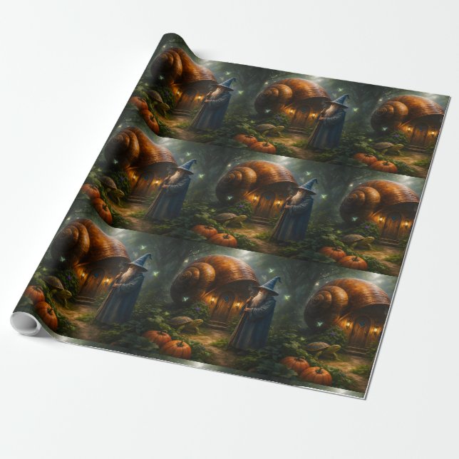 Mystisk trollkarl och glödande pumpaskog premium m presentpapper (Utrullad)