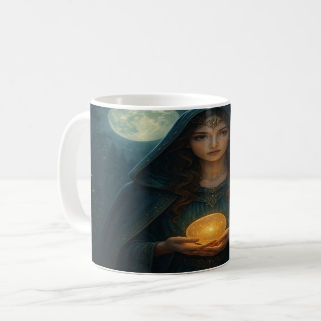 Mystisk trollkvinna med glödande klot kaffemugg (Framsida vänster)