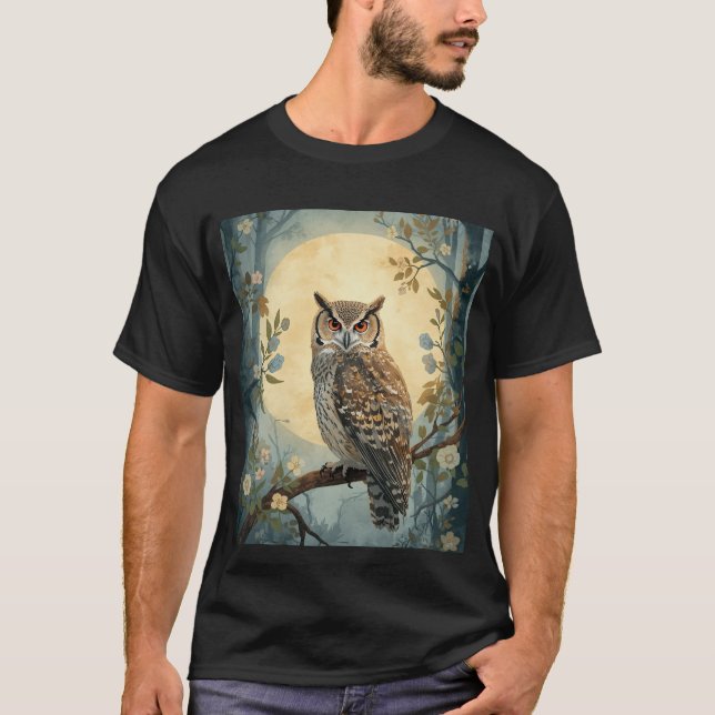 Mystisk Uggl Månsjöljus Skogs Konst | Skog Uggl T Shirt (Framsida)