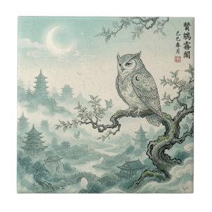 Mystisk Ugglemåne Landskaps Konst Kakelplatta
