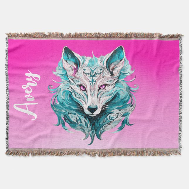 Mystisk Varg | Elegant Turkos & Rosa Varg Filt (Framsidan)