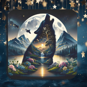 Mystisk Varg Howling vid Måne Surreal Ai Art Fyrkantigt Klistermärke