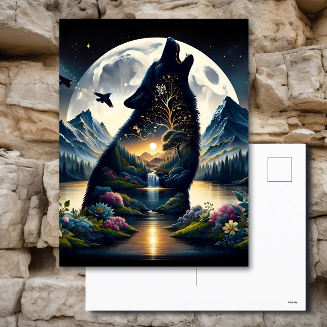 Mystisk Varg Howling vid Måne Surreal Vykort (Skapare uppladdad)
