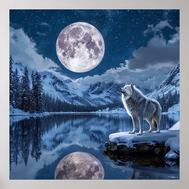 Mystisk varg som ylar under månens nattliga himmel poster (Framsidan)
