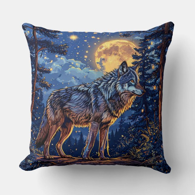Mystisk Varg Under Måne 🌕🐺 Förtrollad Skogsnatt Kudde (Framsida)