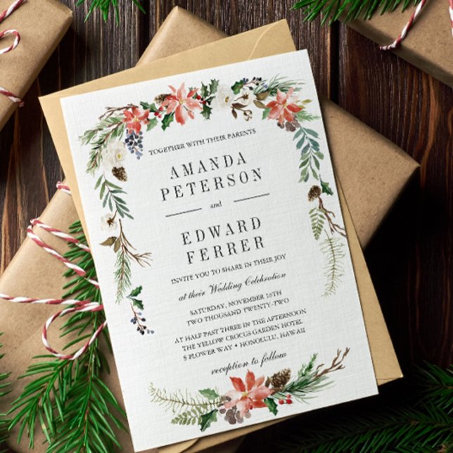 Mystisk vinter | BLOMMIGT BRÖLLOP Inbjudningar (WINTER FLOWER BERRIES PINECONES POINSETTIA formal wedding invitation. CHRISTMAS TIME CELEBRATION)