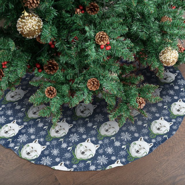 Mystisk vit arktisk varg vinter snödroppe blå julgransmatta borstad polyester (Skapare uppladdad)