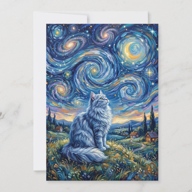 Mystisk vit katt och kosmisk himmel | Fantasy Inbjudningar (Framsida)