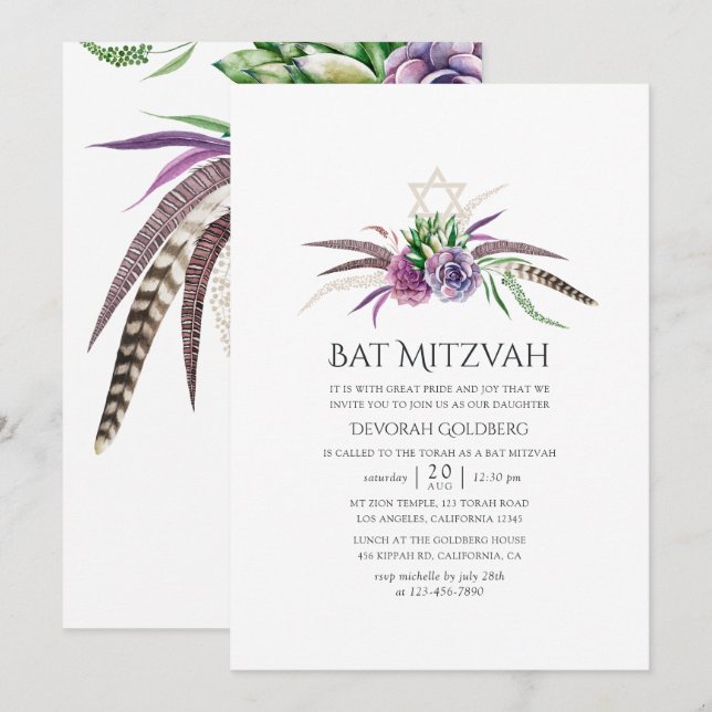 Mystiska Boho-succulenter Bat Mitzvah Inbjudningar (Fram/baksida)