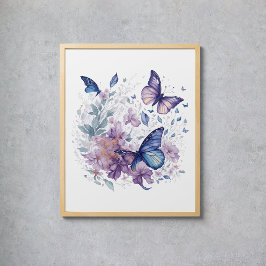Mystiska fjärilar Vatercolor Lila Blue Flower Poster