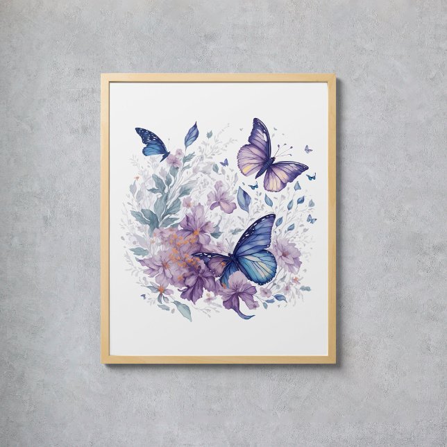 Mystiska fjärilar Vatercolor Lila Blue Flower Poster (Mystical Butterflies Watercolor Purple Blue Flower Poster
)