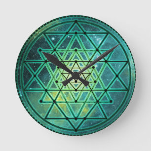 Mystiska gröna Sri Yantra Rund Klocka