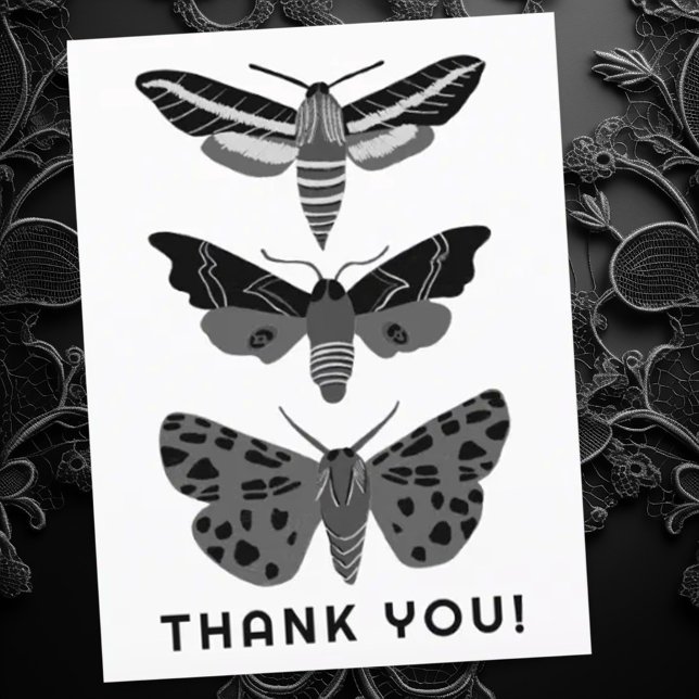 Mystiska Magiska Malar Svart och Vitt TACK Vykort (Gothic dark moths make a moody thank you card. customize with your own text)
