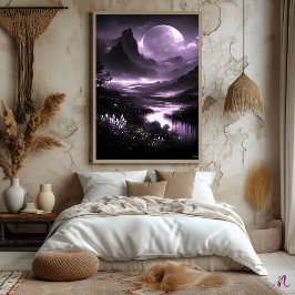 Mystiska månbelysta dalen – Monokrom fantasi Poster