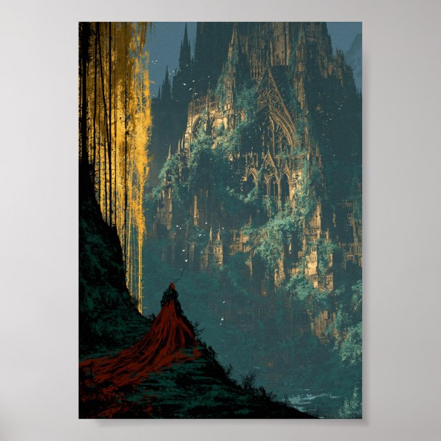 Mystiska skogsruiner och vandrande resenär poster (Framsidan)