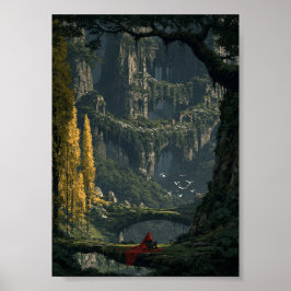 Mystiska skogsruiner och vandrande resenär poster