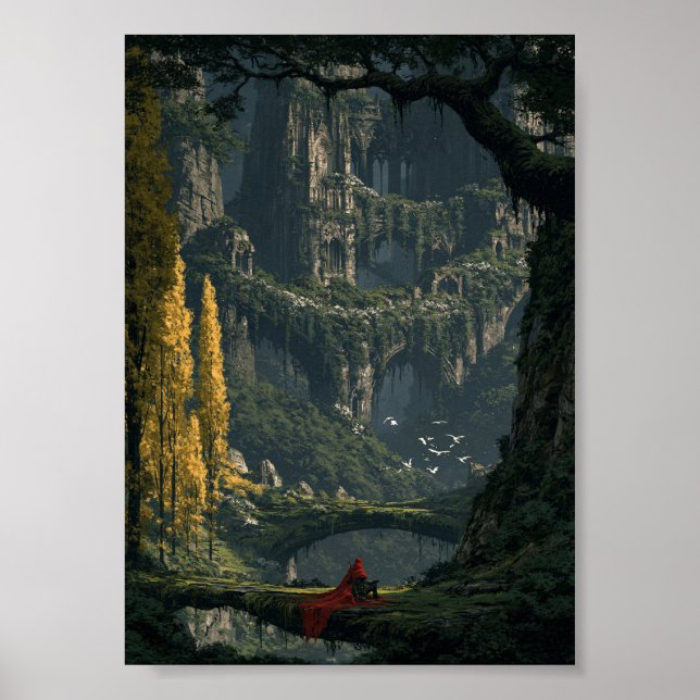 Mystiska skogsruiner och vandrande resenär poster (Framsidan)