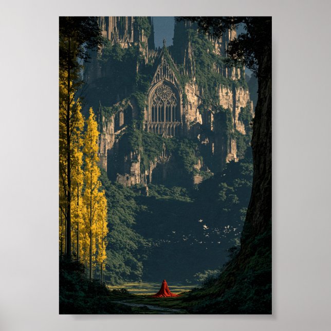 Mystiska skogsruiner och vandrande resenär poster (Framsidan)