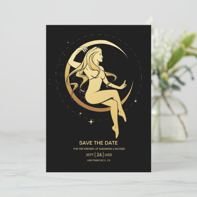 Mystiska Svarta Guld Celestiala Stjärnor Bröllop   Spara Datumet (Stående Fram)